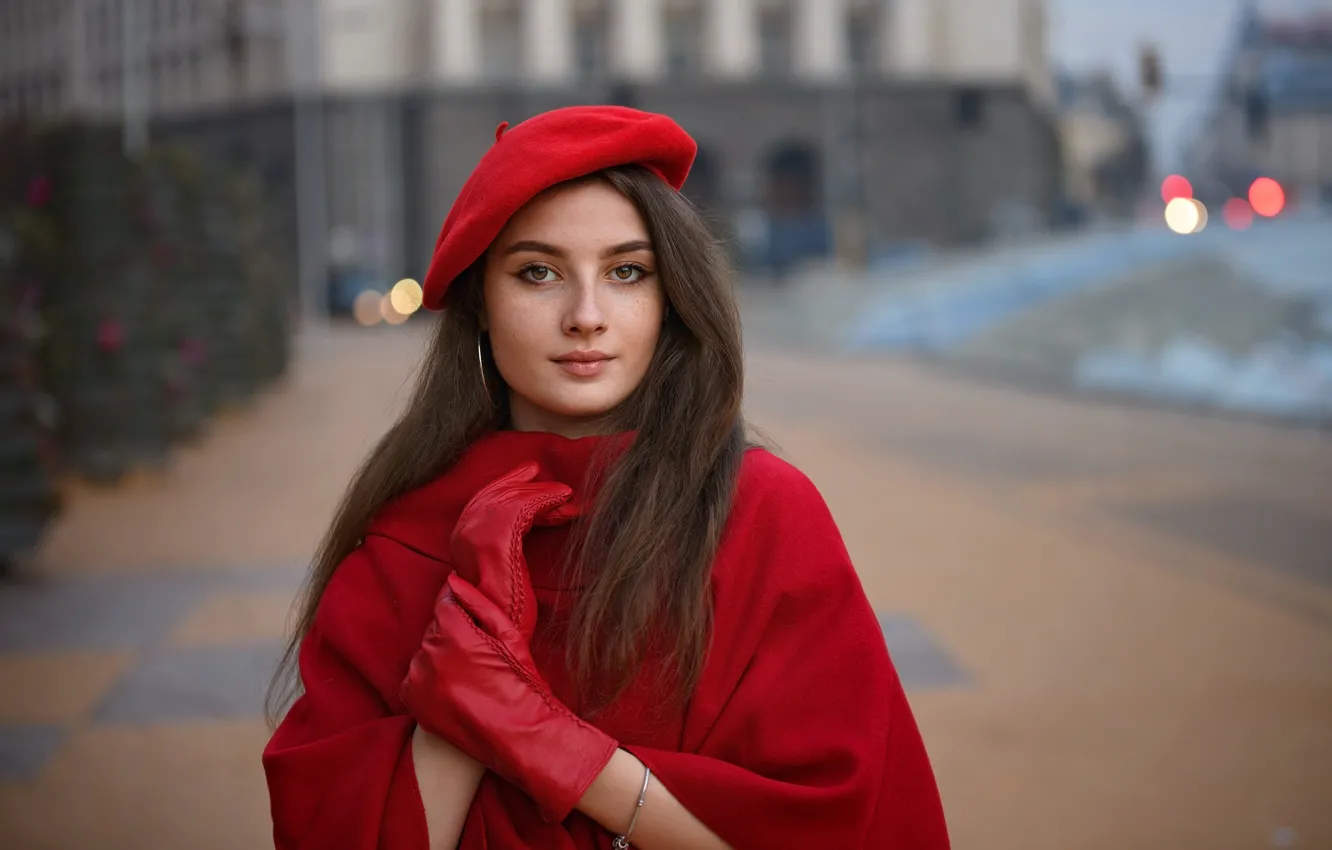 Photo wallpaper road, look, girl, the city, street, building, portrait, hands