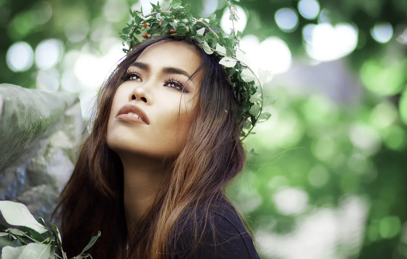 Photo wallpaper girl, background, wreath