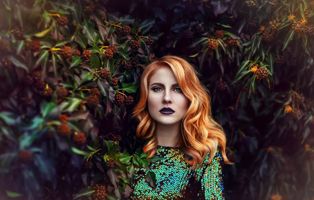 Photo wallpaper look, leaves, girl, branches, nature, face, pose, style