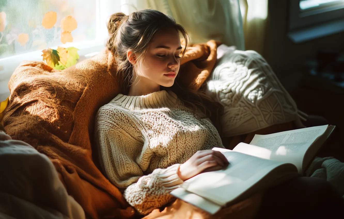 Photo wallpaper girl, young, beautiful, cute, reading, sweater