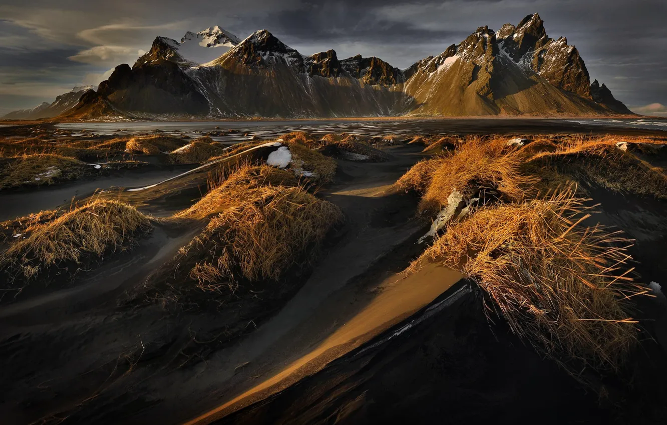 Photo wallpaper landscape, mountains, mountain, Iceland, Vestrahorn, Stokksnes