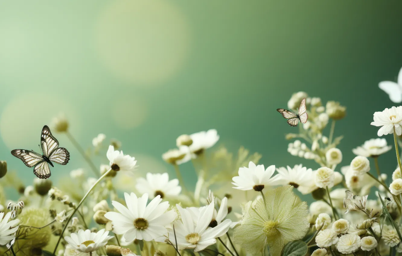 Photo wallpaper field, summer, flowers, butterfly, meadow, wildflowers, AI art, neural network