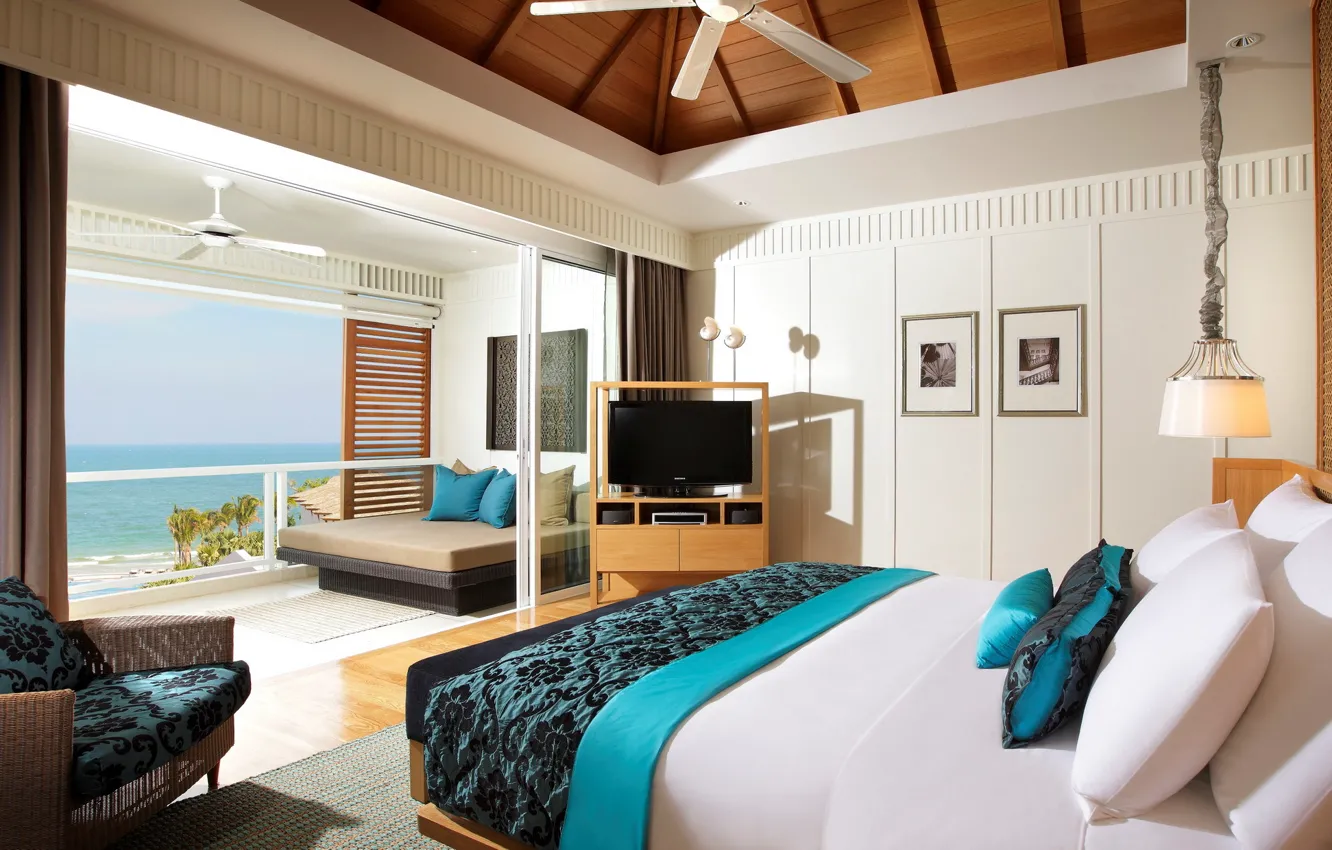 Photo wallpaper design, bed, chair, TV, balcony, bedroom, interior, lounger.