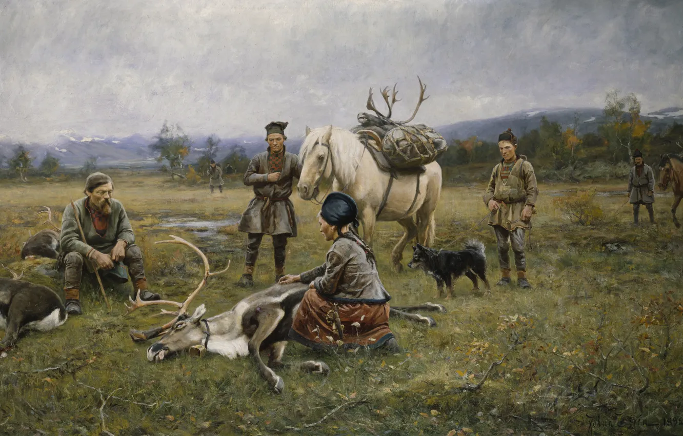 Photo wallpaper Johan Tieran, 1891, Swedish artist, Swedish painter, Shooting deer, The Laplander Camp at Gleen, Johan …