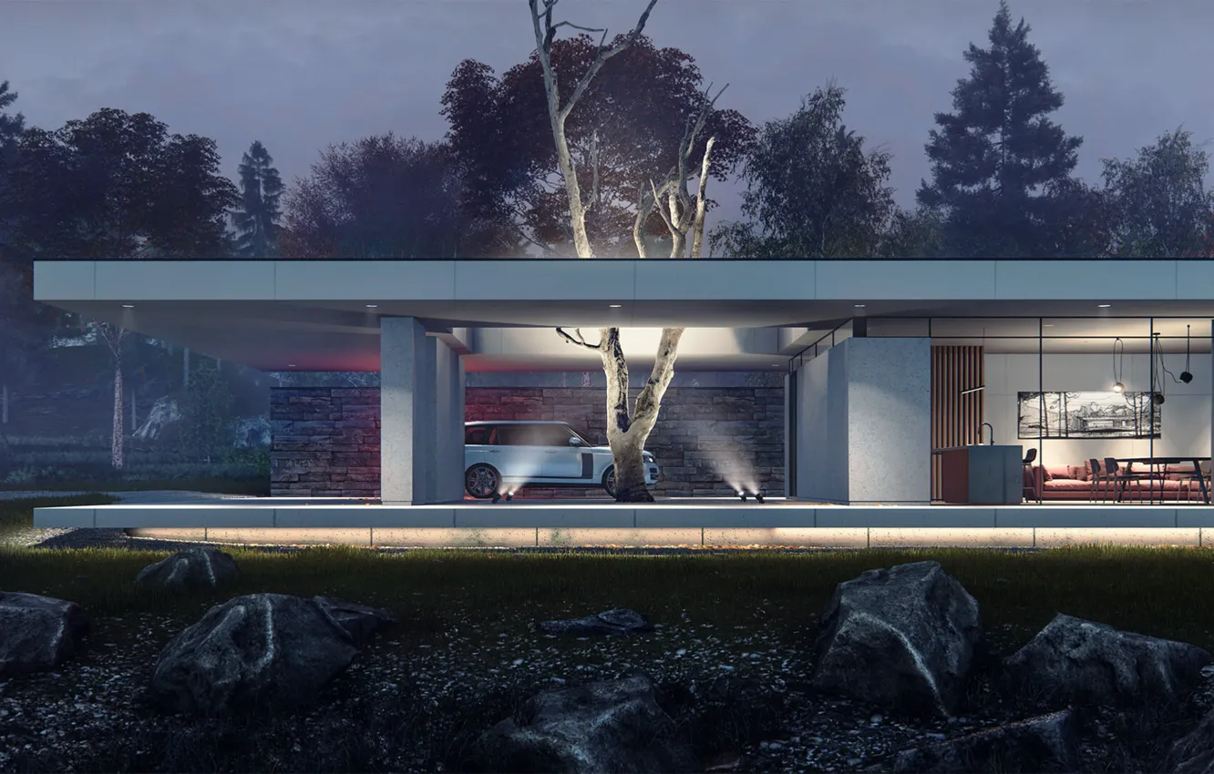 Photo wallpaper trees, stones, car, structure, Liner night