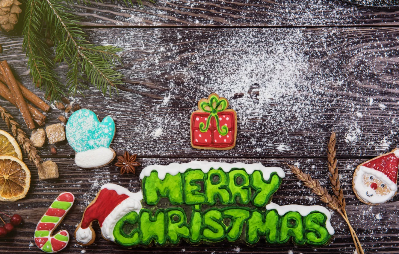 Photo wallpaper snow, new year, cookies, Christmas, wood, merry christmas, cookies, decoration