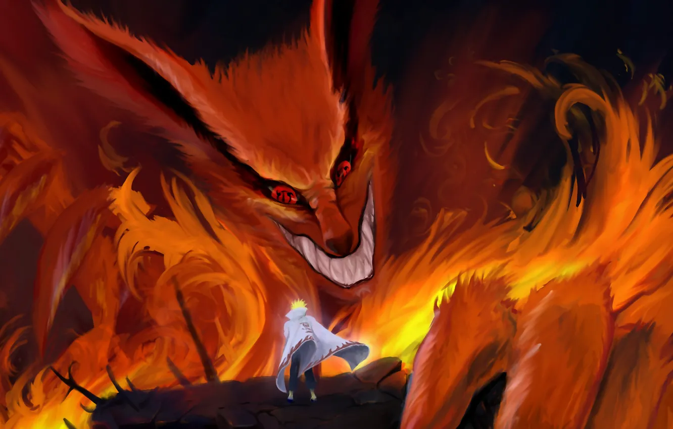 Photo wallpaper flame, grin, Fox, cloak, nine-tailed, naruto, namikaze minato, Sharingan