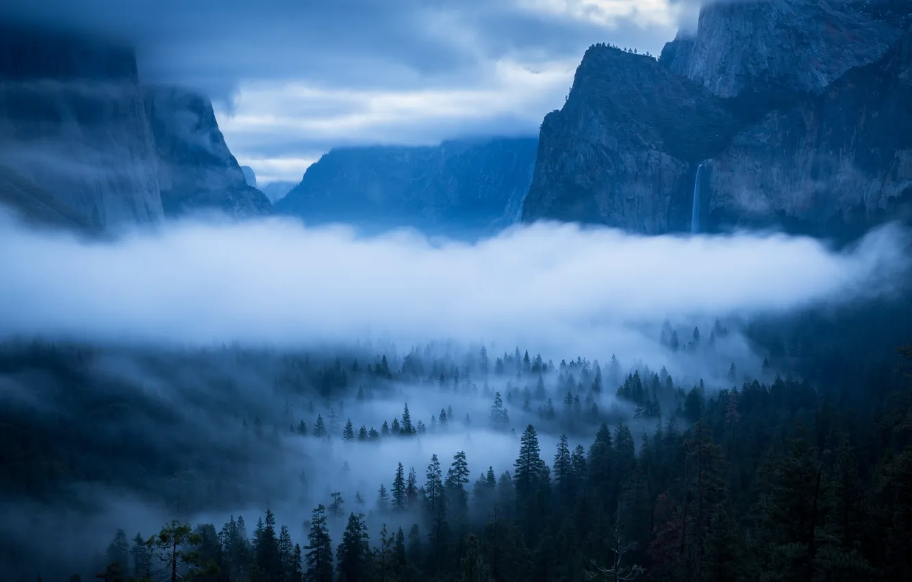 Photo wallpaper the sky, trees, mountains, clouds, nature, fog, rocks, waterfall