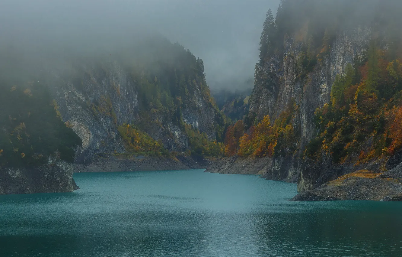 Photo wallpaper autumn, trees, mountains, fog, lake, rocks