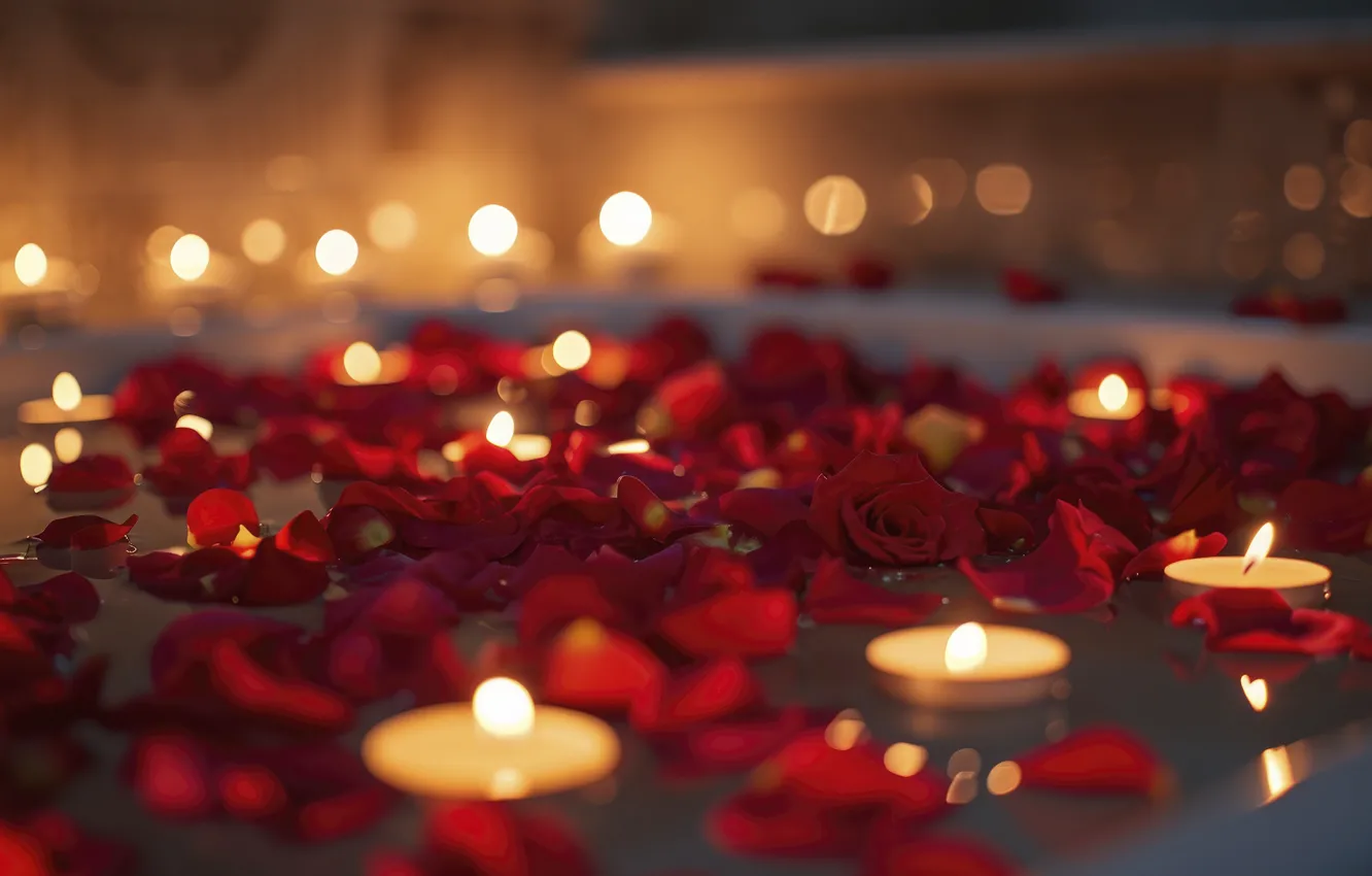 Photo wallpaper flowers, red, lights, birthday, holiday, roses, candles, petals