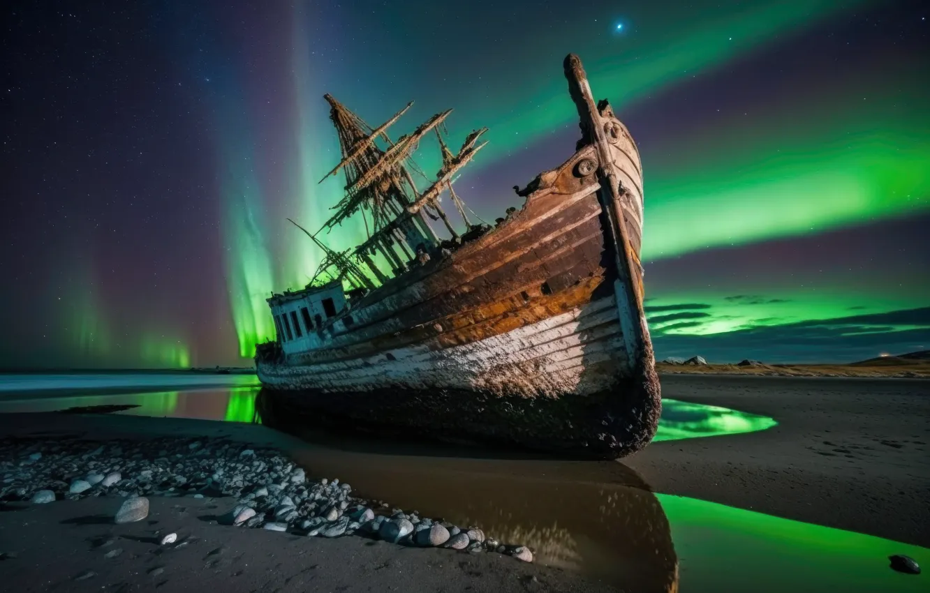 Photo wallpaper landscape, nature, rendering, ship, Northern lights, art, The ship, pond
