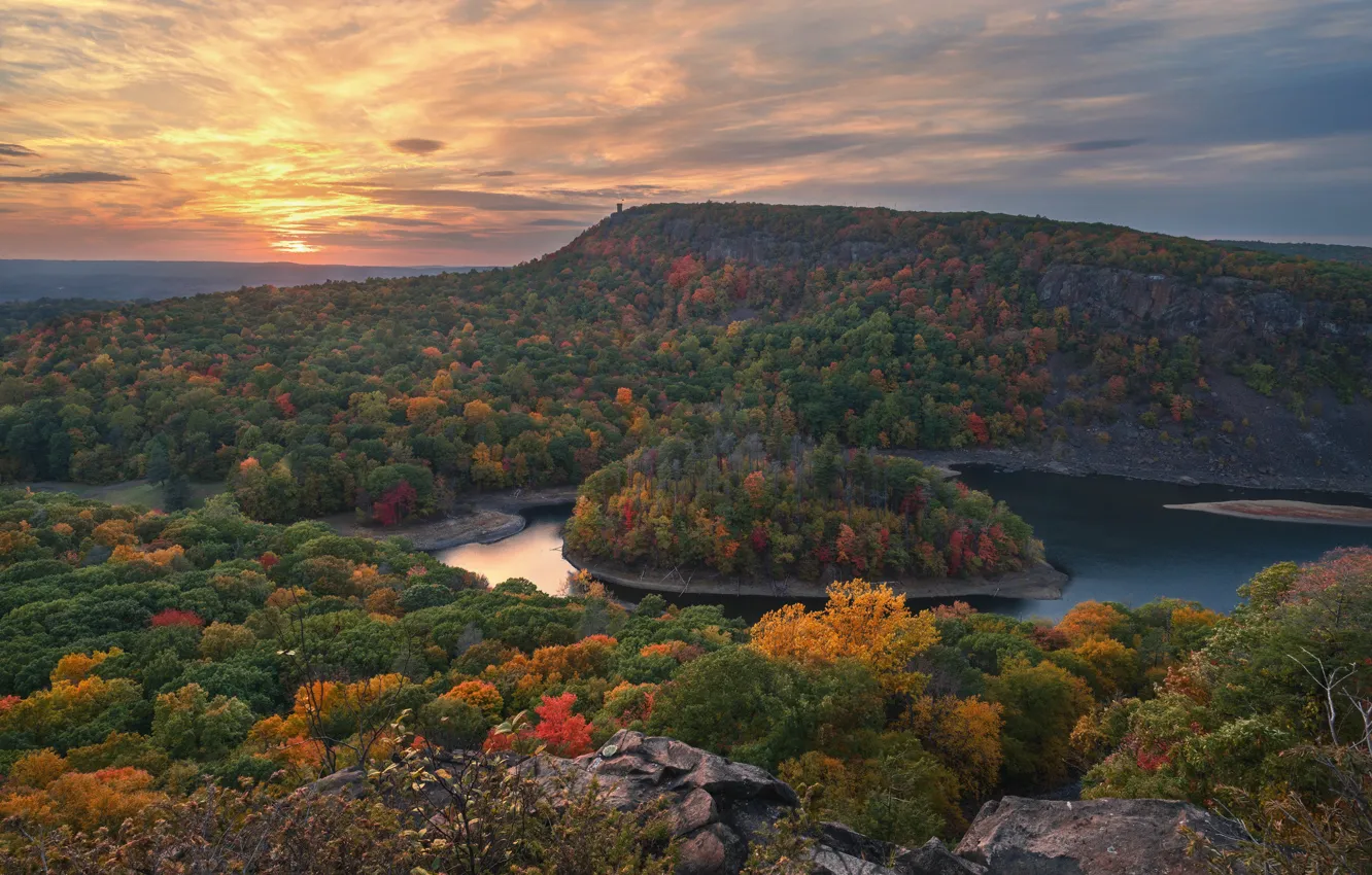 Photo wallpaper autumn, forest, sunset, lake, hills, island, Connecticut, Connecticut