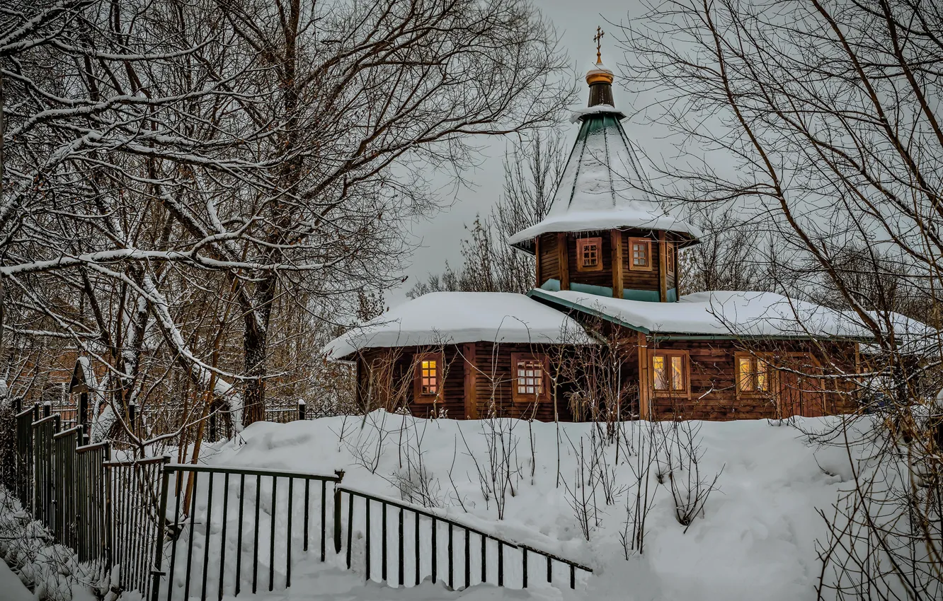 Photo wallpaper winter, snow, trees, landscape, nature, the fence, Church, Vyacheslav Biryukov