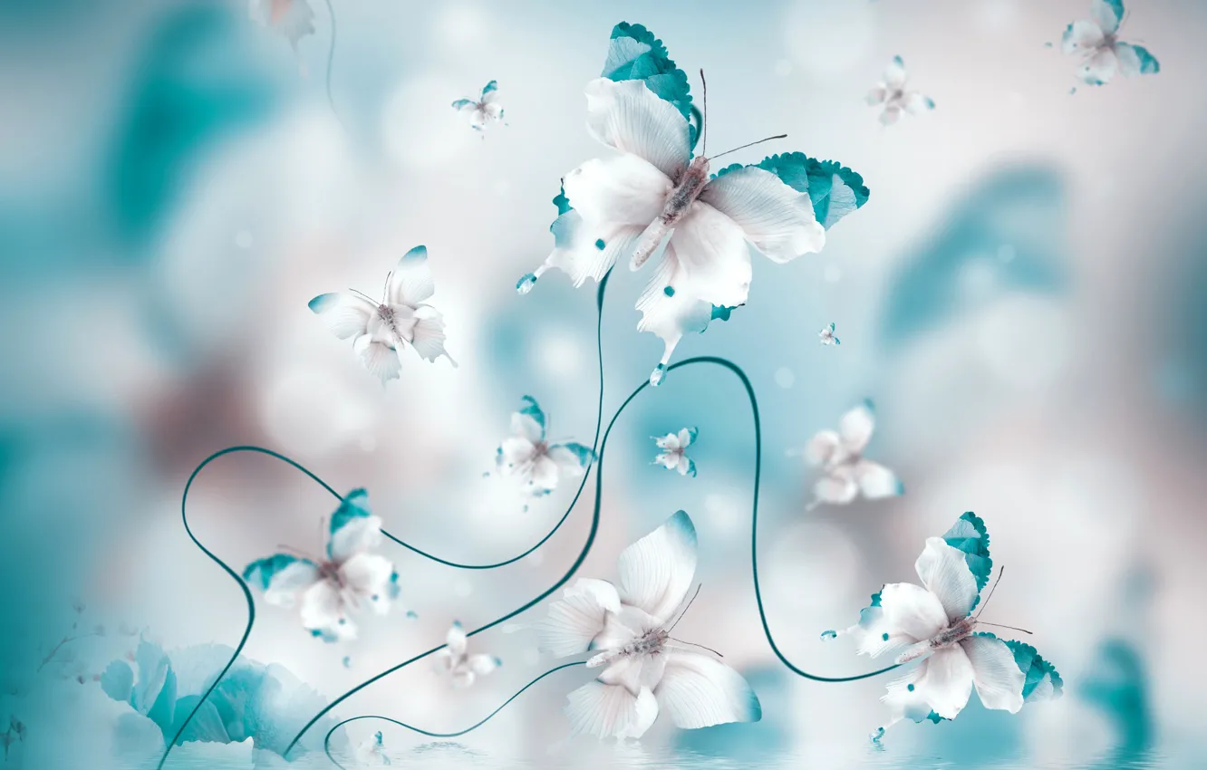 Photo wallpaper water, butterfly, flowers, background, irises, bokeh