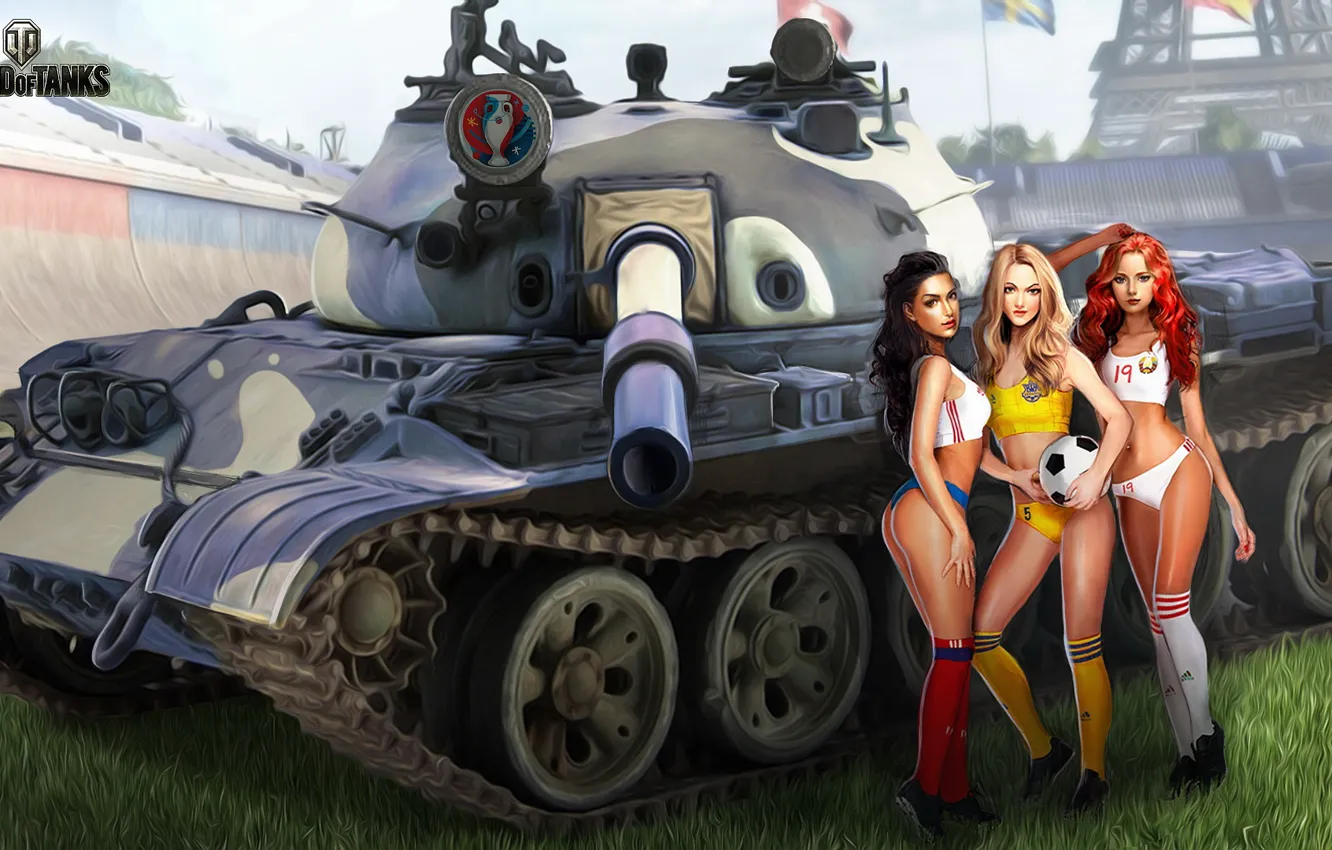 Photo wallpaper field, grass, girl, football, sport, figure, the ball, art