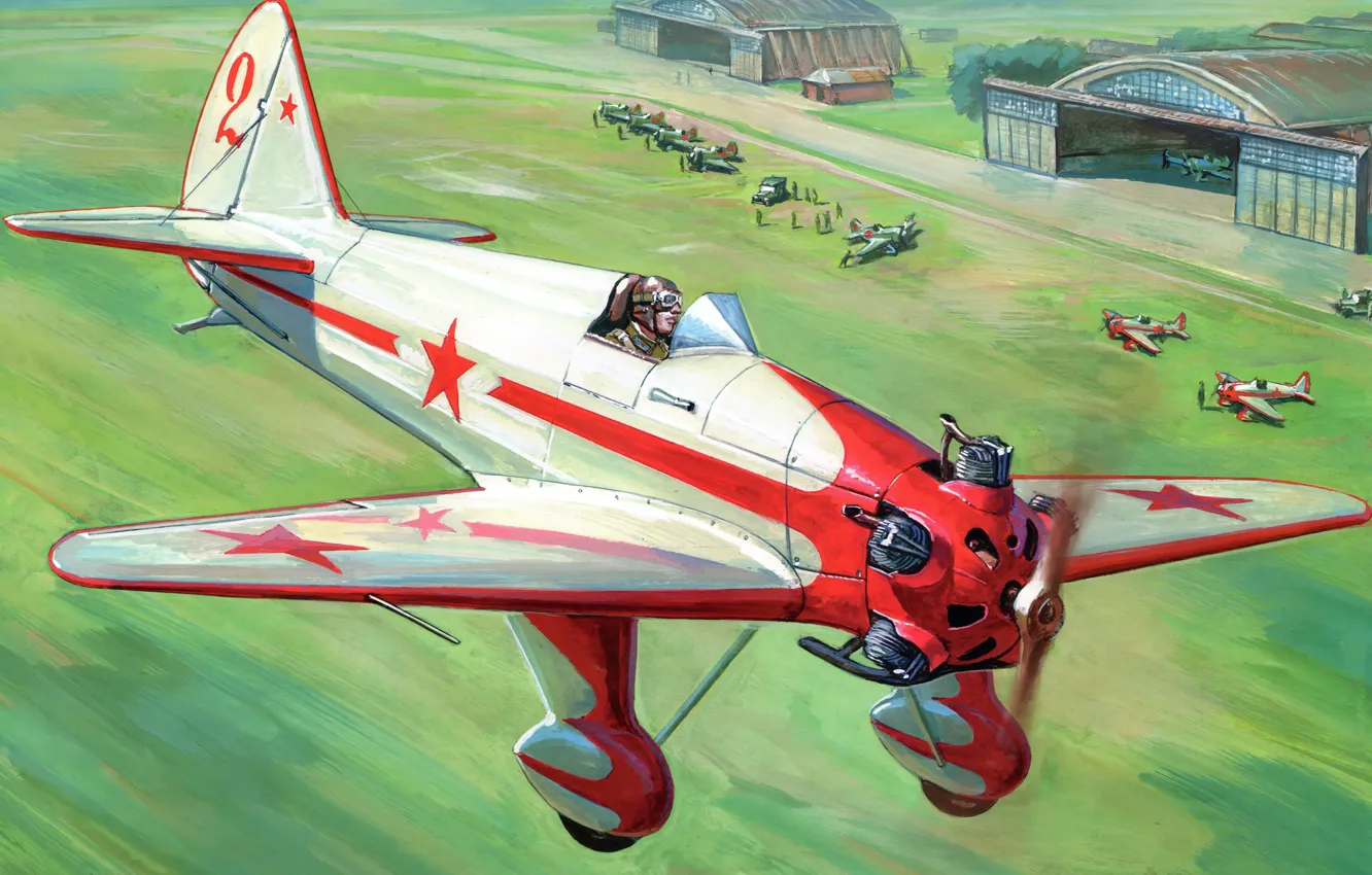 Photo wallpaper field, people, figure, art, the plane, the airfield, aircraft, Soviet