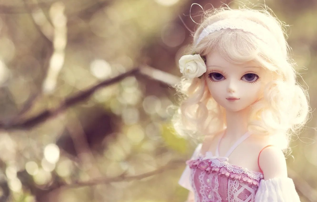 Photo wallpaper toy, roses, doll, blonde, headband, bokeh