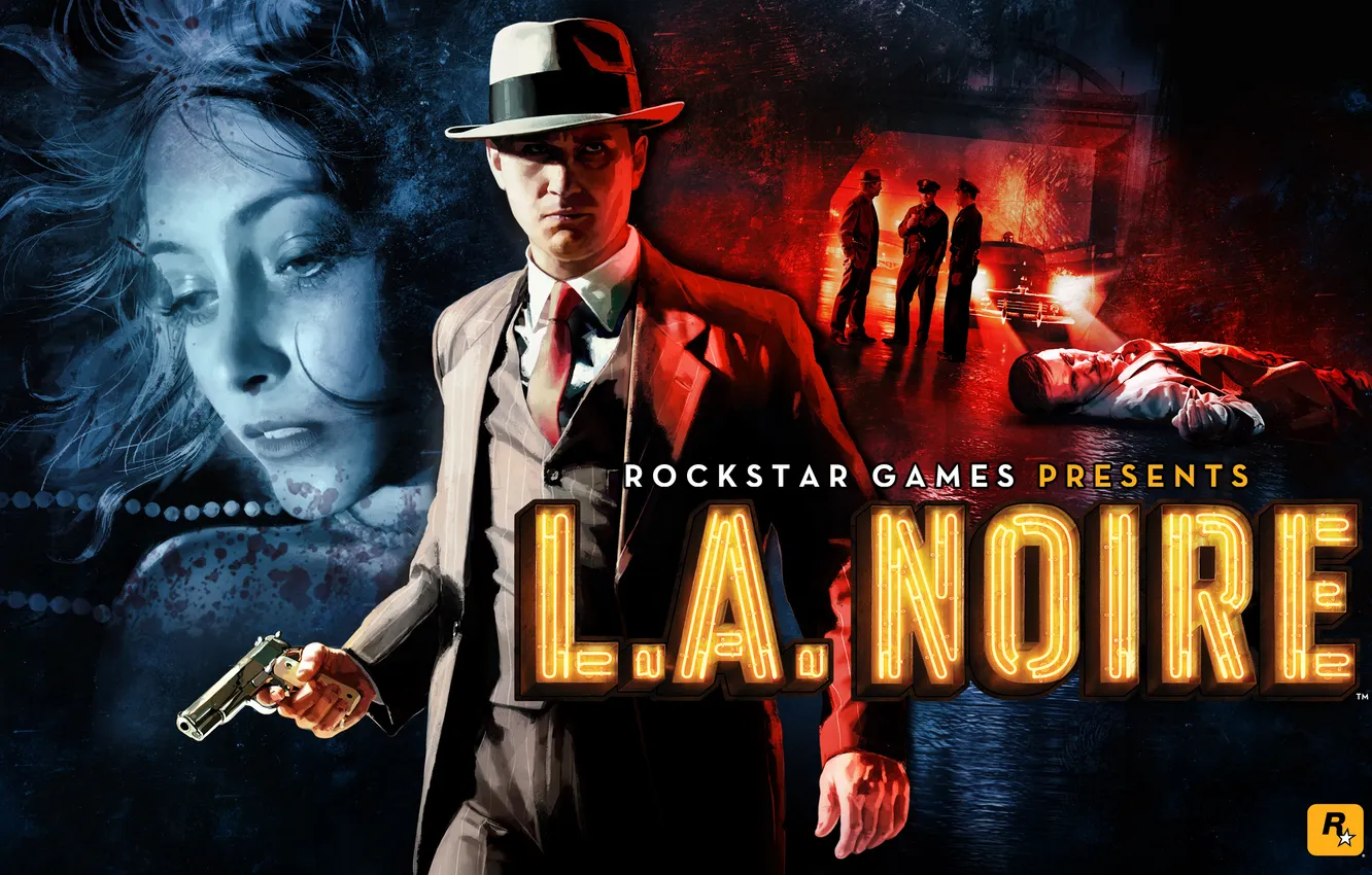 Photo wallpaper girl, gun, police, male, corpses, L. A. Noire