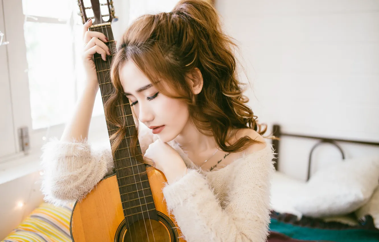 Photo wallpaper girl, mood, guitar, Asian
