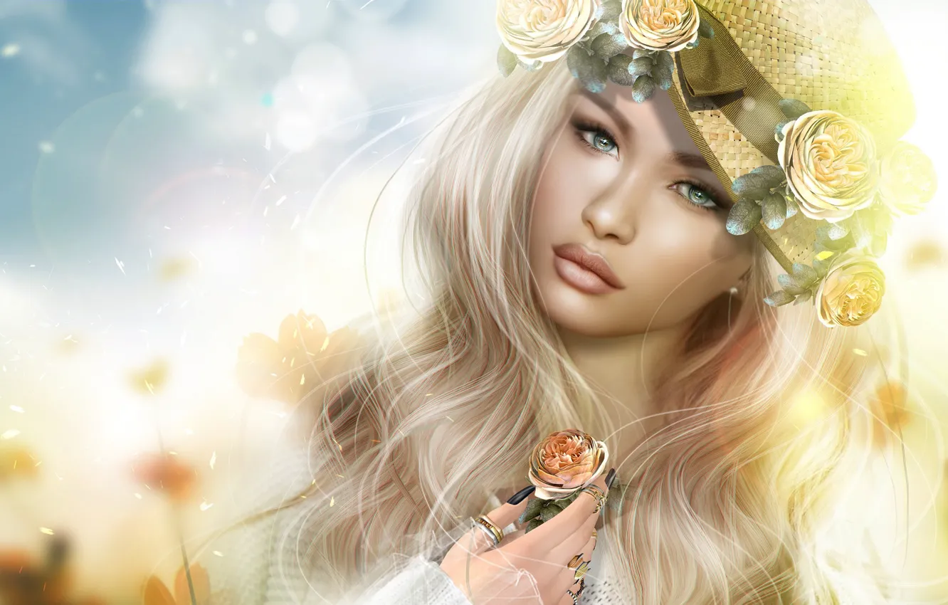 Photo wallpaper girl, roses, blonde, wreath