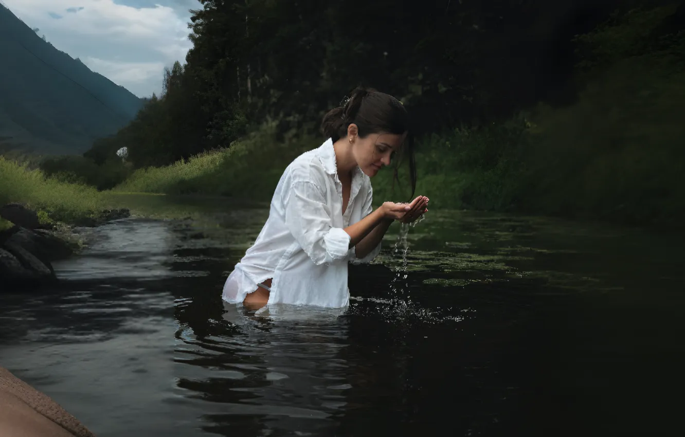 Photo wallpaper girl, forest, river, landscape, nature, woman, water, Canon