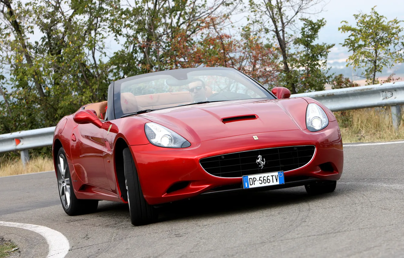 Photo wallpaper road, machine, lights, red, the front, Ferrari California