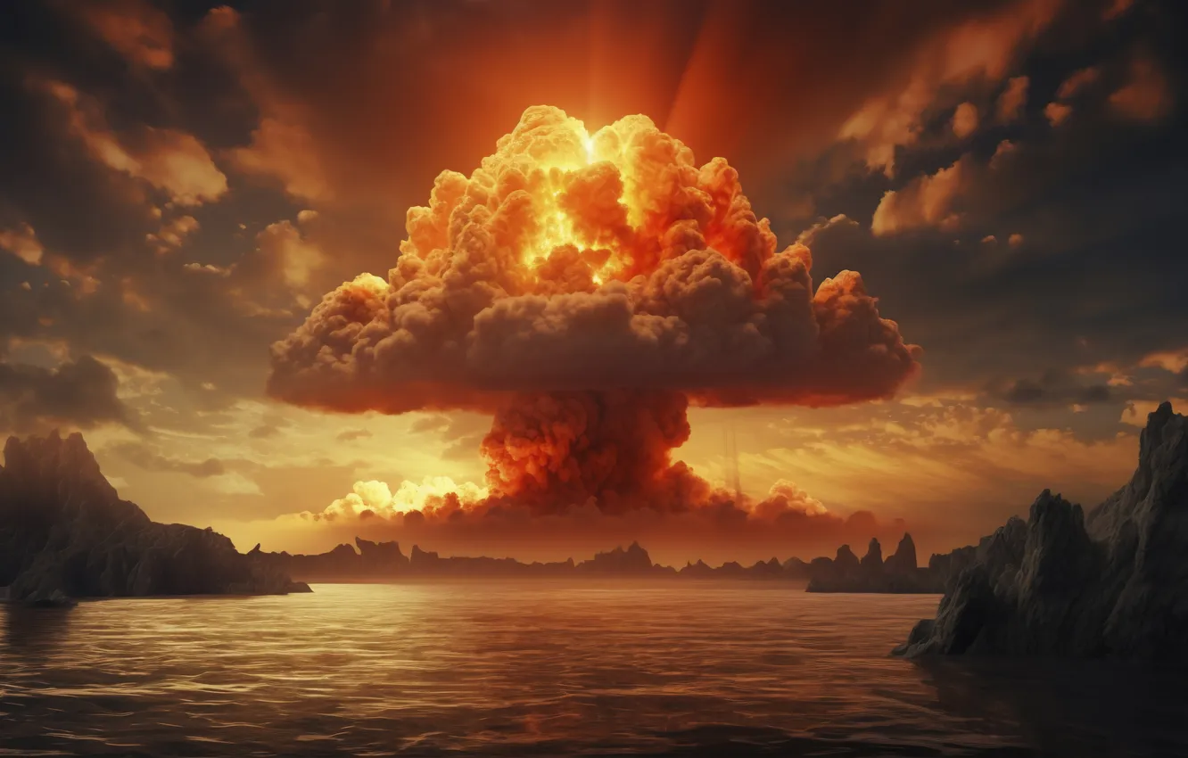 Photo wallpaper sea, mountains, the explosion, mushrooms, a nuclear explosion, digital art, nuclear weapons, AI art