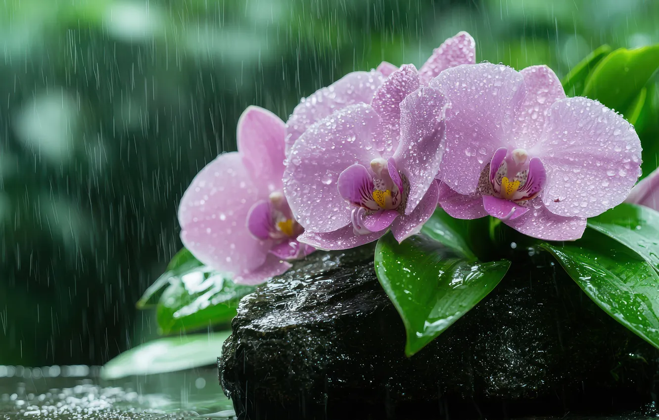 Photo wallpaper leaves, water, drops, flowers, nature, stones, rain, pink