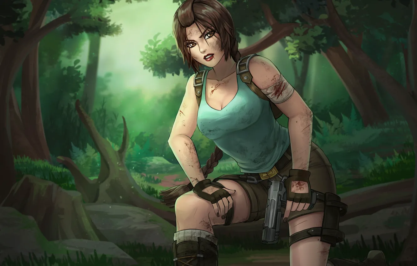 Photo wallpaper forest, chest, girl, gun, shorts, dirt, Tomb Raider, art
