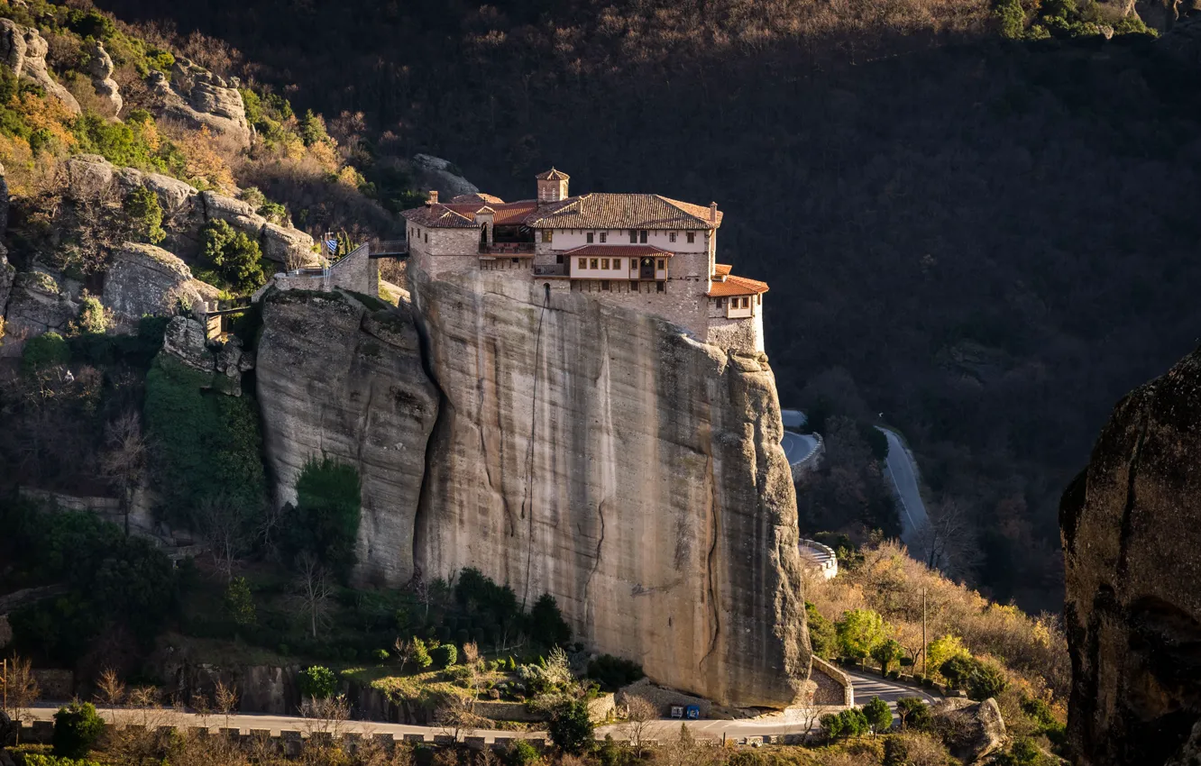 Photo wallpaper Sunny, Greece, mountains, road, trees, Monastery Rousanou, the monastery, Meteora
