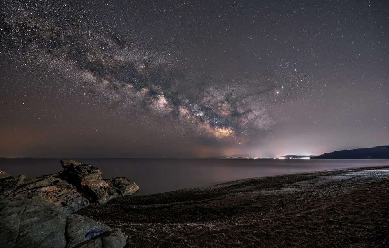 Photo wallpaper night, shore, the milky way, pond