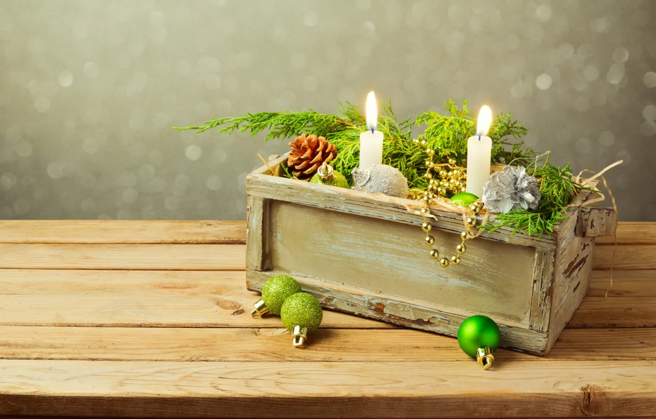 Photo wallpaper branches, lights, glare, table, background, holiday, balls, toy