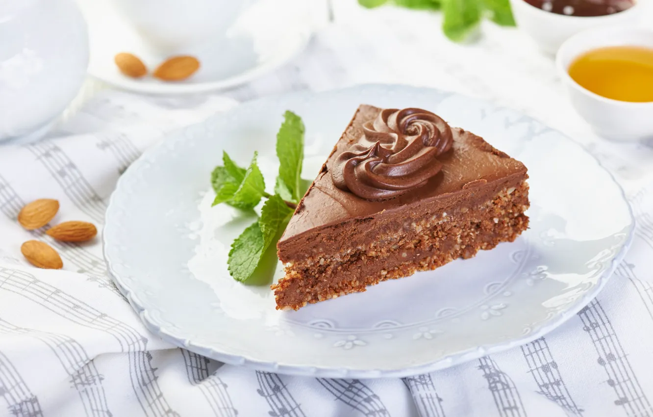 Photo wallpaper chocolate, cake, cream, piece, almonds