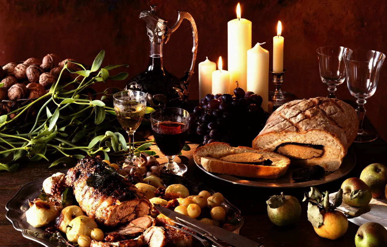 Photo wallpaper wine, grapes, still life, vegetables, roll, baked meat