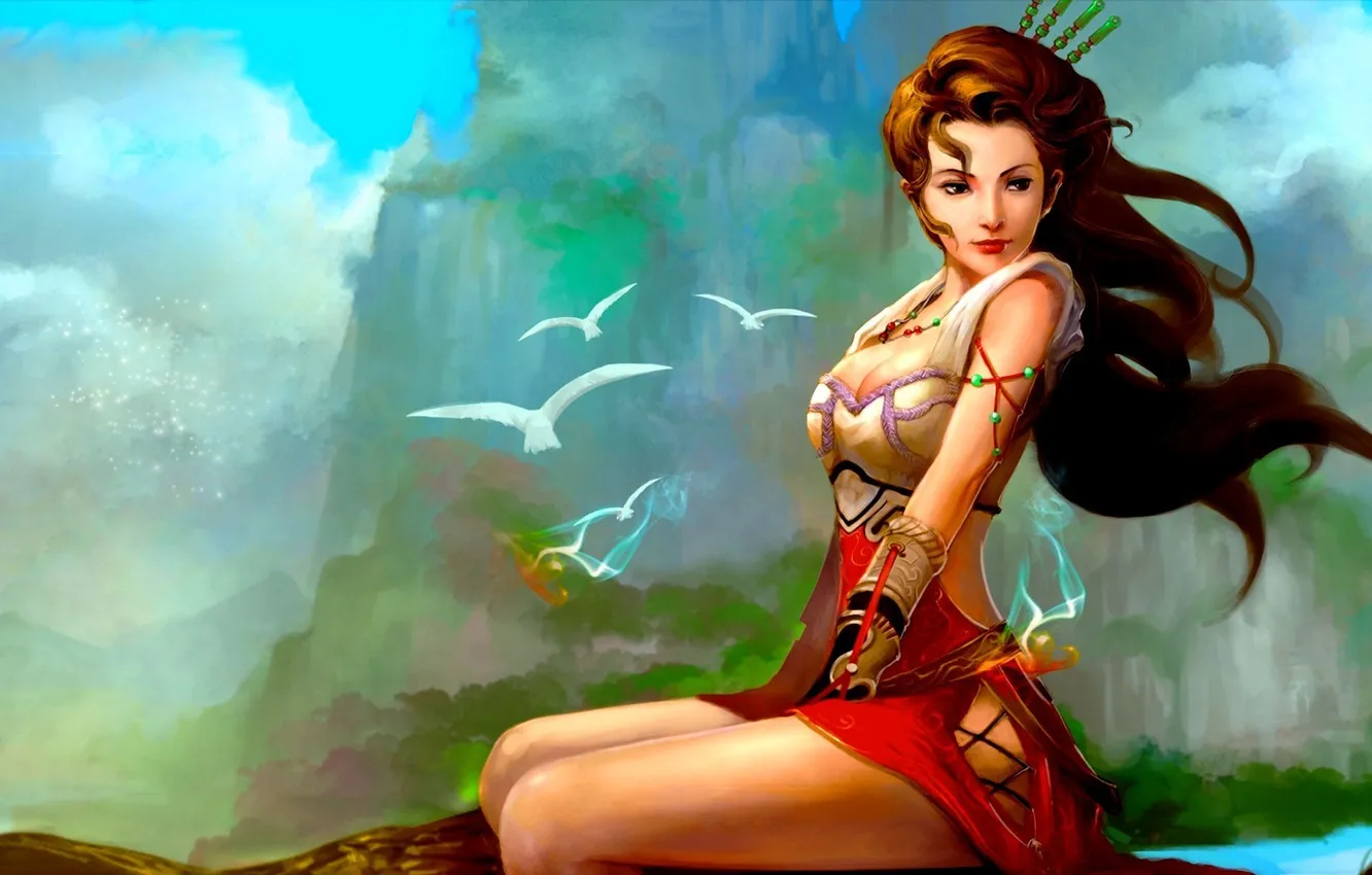 Photo wallpaper girl, nature, the wind, bird, art