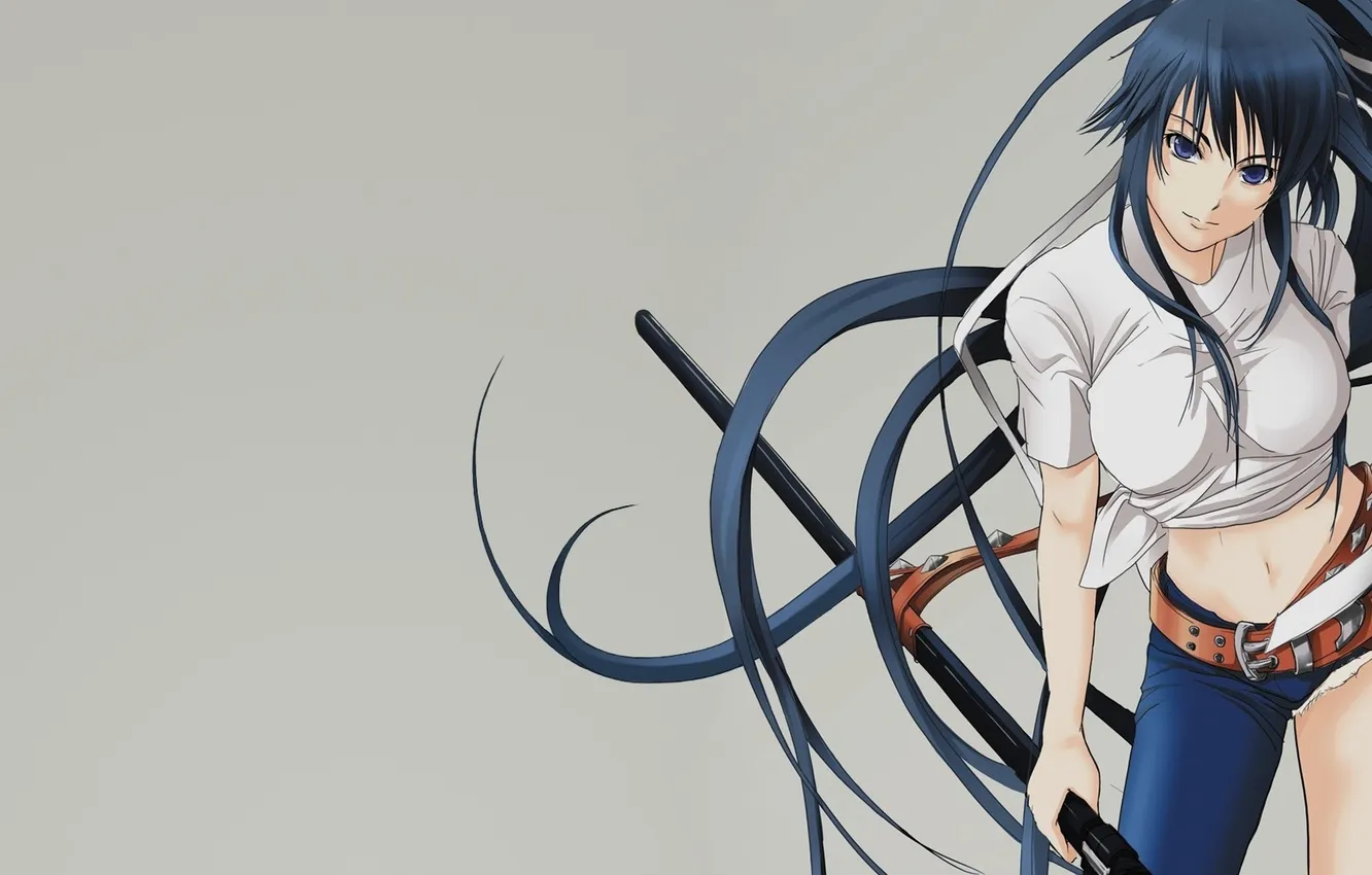 Photo wallpaper girl, hair, sword, strap