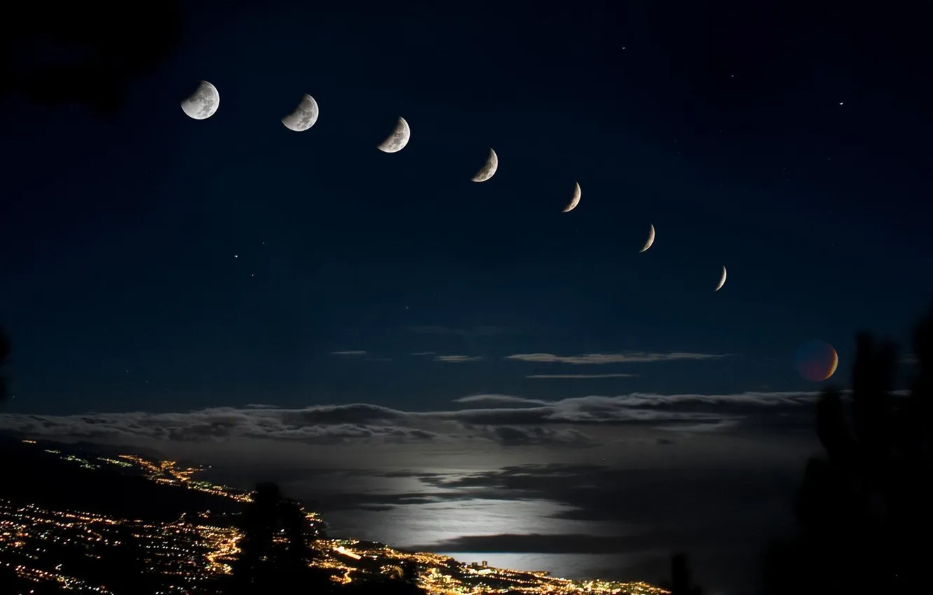 Photo wallpaper the city, the moon, night, phase