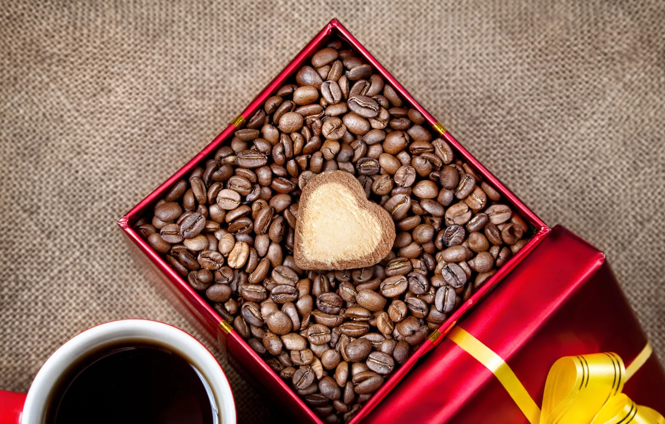 Photo wallpaper box, gift, heart, coffee, grain, cookies