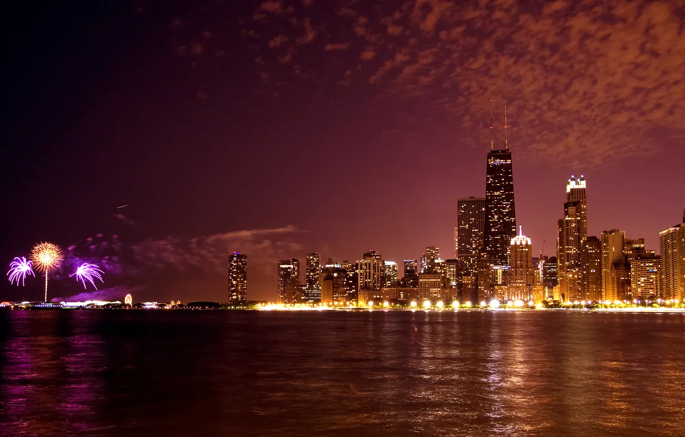 Photo wallpaper night, lights, Chicago, panorama, USA, fireworks, Illinois