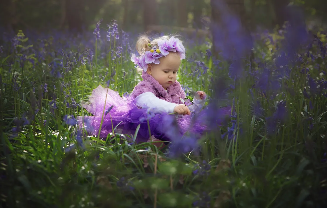 Photo wallpaper girl, girl, grass, nature, butterfly, flowers, child, baby