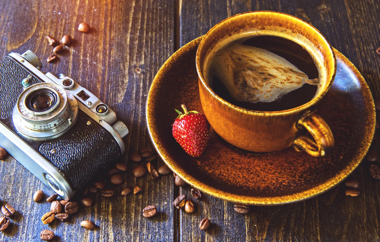 Photo wallpaper coffee, grain, camera, strawberry, Cup, camera, strawberry, coffee