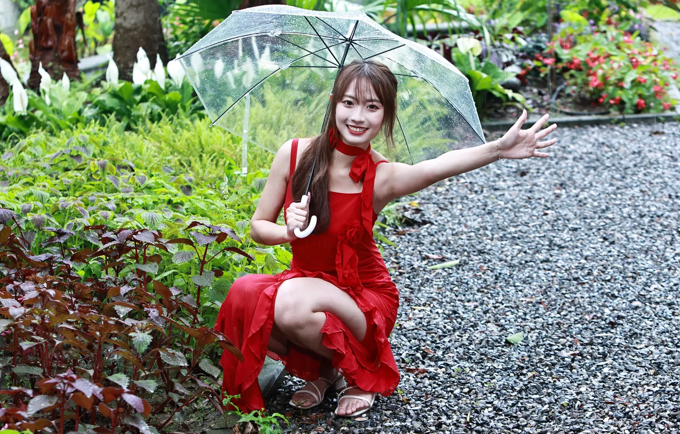 Photo wallpaper girl, umbrella, dress, Asian