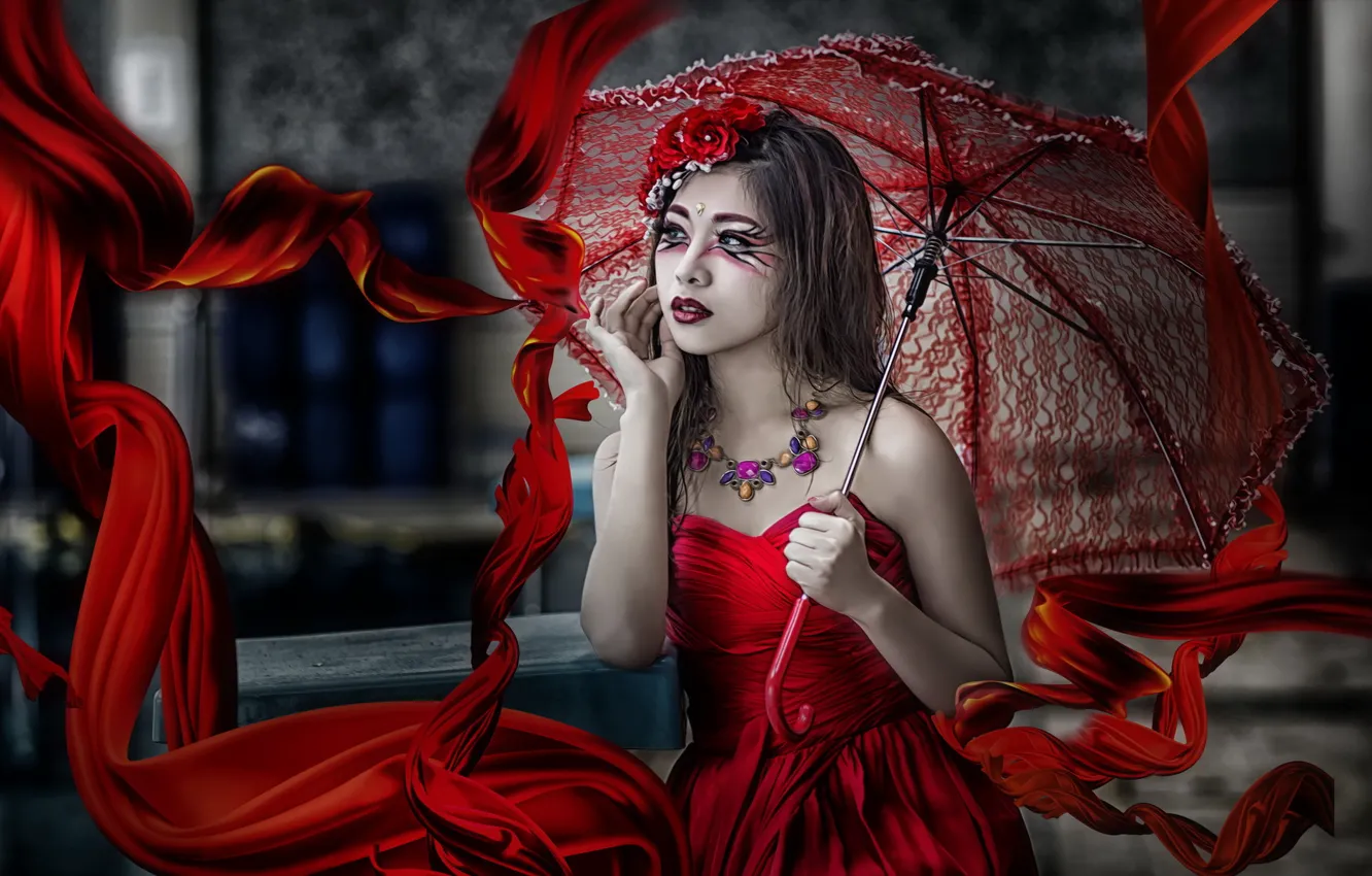 Photo wallpaper girl, umbrella, Asian