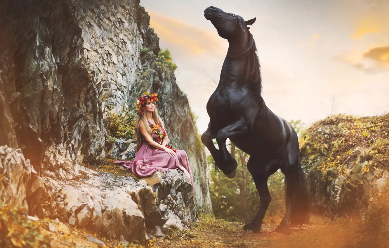 Photo wallpaper the sky, girl, flowers, rocks, horse, woman, horse, dress