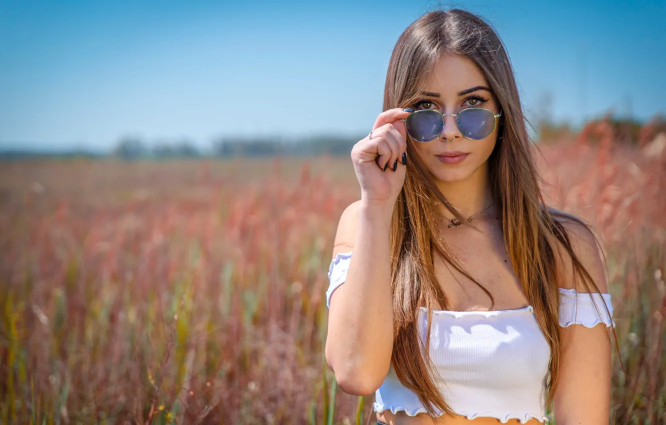 Photo wallpaper field, the sky, grass, the sun, nature, pose, model, portrait