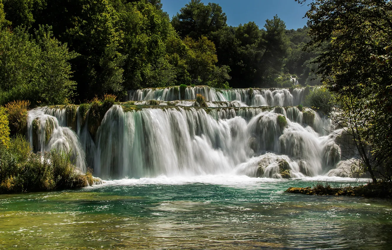 Photo wallpaper forest, trees, river, waterfall, Sunny, Croatia, Krka National Park