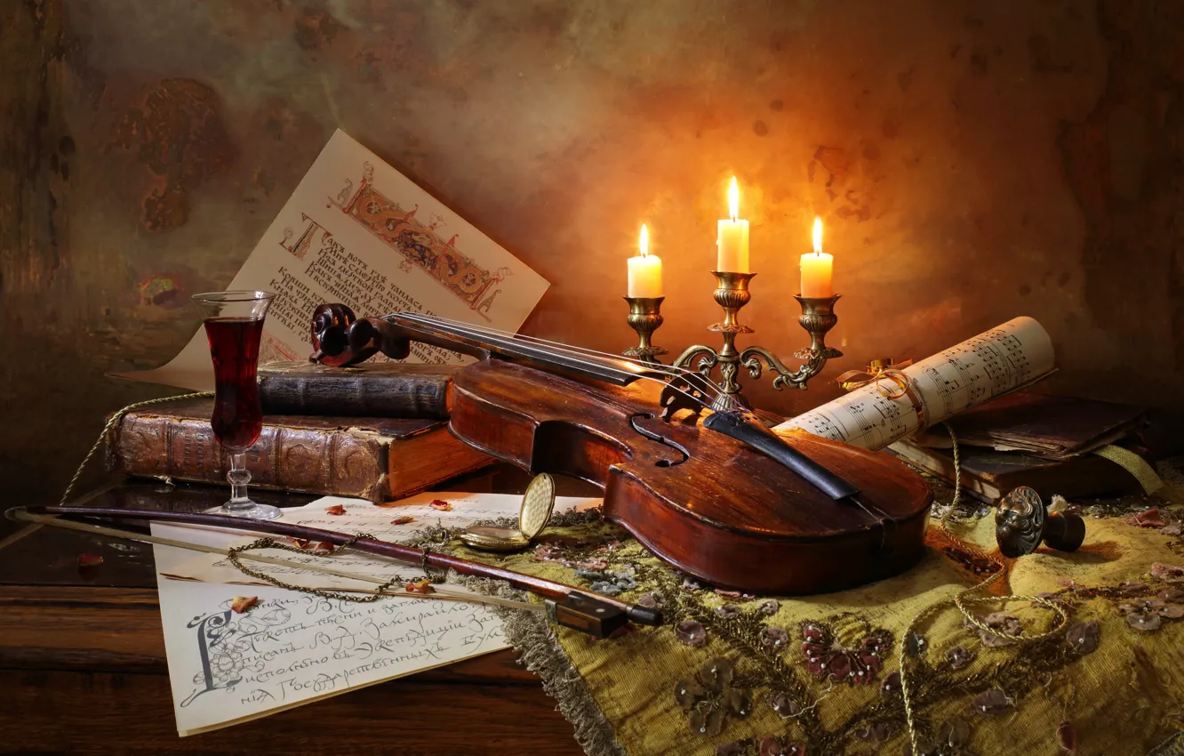 Photo wallpaper notes, wine, violin, candles, book, bow, Still life with violin and candles