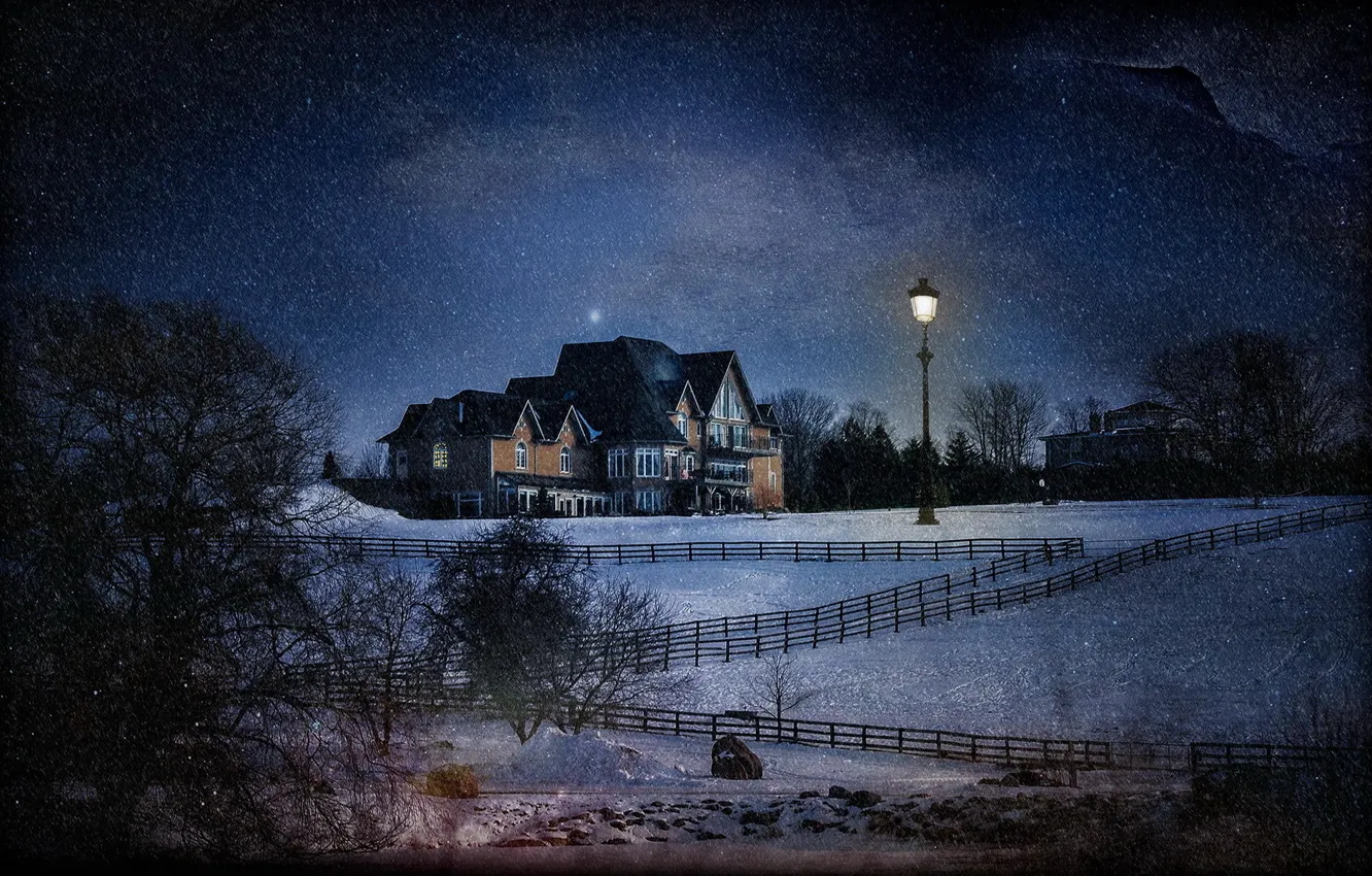 Photo wallpaper snow, night, house, treatment, lantern