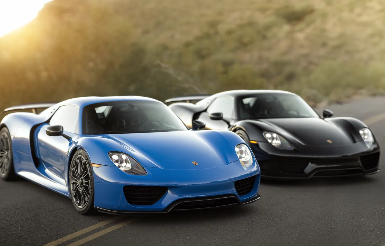Photo wallpaper Porsche, Blue, Black, 918, &ampamp;, Spyders