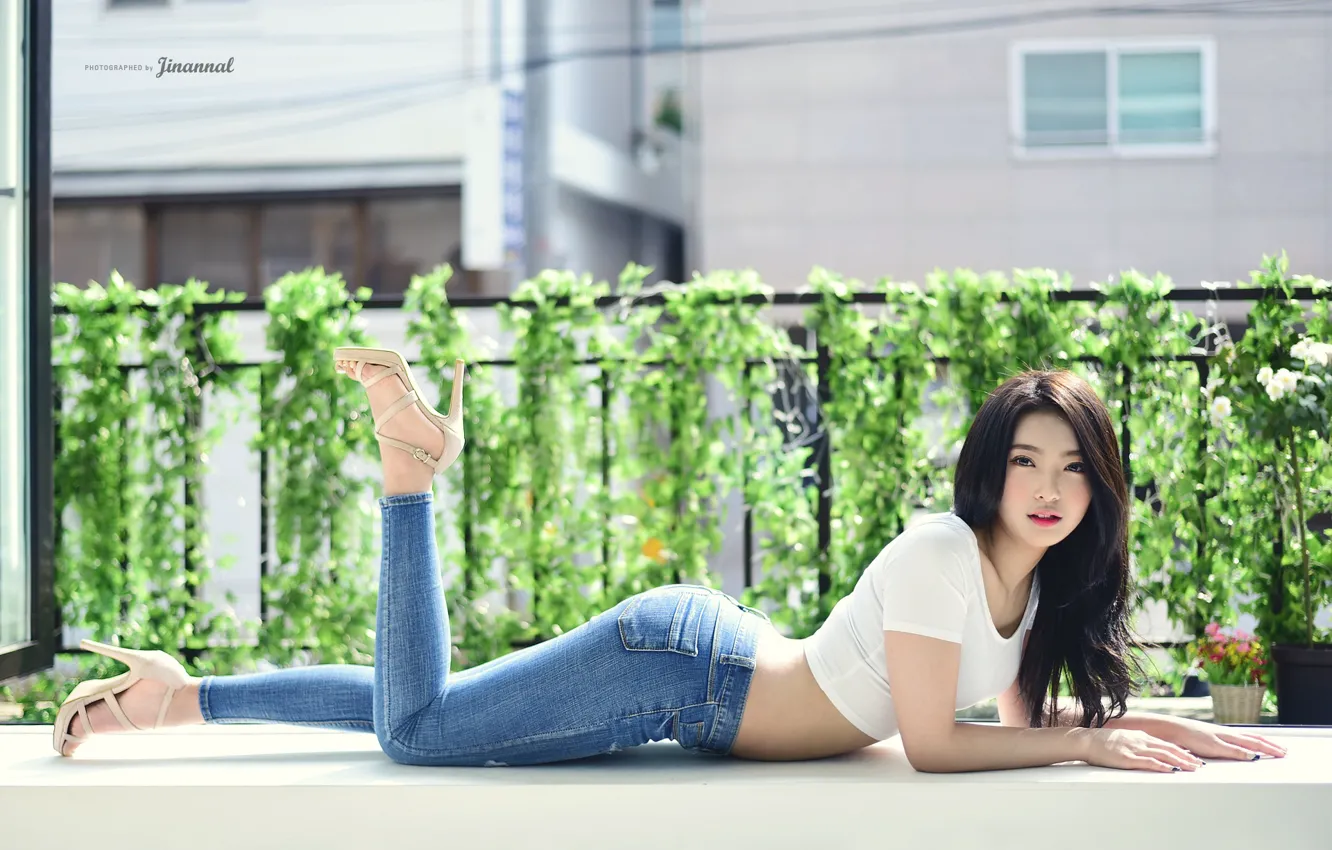 Photo wallpaper girl, model, women, jeans, brunette, asian, t-shirt, high heels